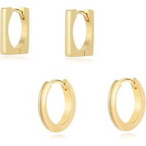 14K Gold Plated Lightweight Chunky Hoop Earrings Set for Women | 2pair Set Earrings Polished Small Huggie Earrings