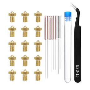15PCS 0.4mm Volcano Brass Nozzle Kits for Anycubic Mega/Mega S/Mega Pro/Mega X/Kobra/Kobra Neo/Kobra Go 3D Printer (0.4mm Nozzles*7, 0.2/0.6/0.8/1.0mm*2,Needles*10, Curved Tweezer*1)