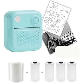 Sticker Printer with 4 Rolls of Paper & 1 Label Paper, Bluetooth Portable Mini Printer, Compatible with Android & iOS, Thermal Pocket Printer for Study Notes, Pictures, Label, Working Listing (Green)