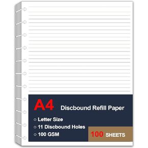 A4 TUL Discbound Lined Refill Paper, 11 Disc Hole Punched Ruled Filler Paper, Letter Size Refills Paper, 100Sheets / 200Pages, Loose-Leaf Paper, 100gsm Paper, 8.5 X 11 Inch
