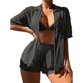 Womens Summer Sexy Crochet 2 Piece Cool and Sunscreen Beach Cover Up Sets Coat and Short Bathing Suit Cover Up Sets