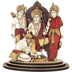 4 Inch Ram Darbar Wood Carved Statue in Exotic Hard Woods - Multi Layered Hand Made Wooden Ram Ji Family Wooden Idol with Hanuman for Car Dashboard, Home, Office, and Travel