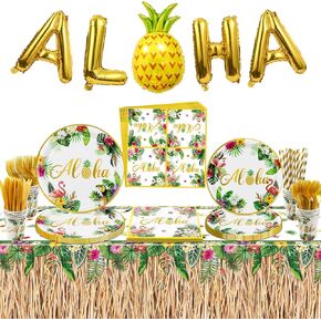 Luau Party Decorations, Hawaiian Party Decorations Aloha Party Supplies with Plates, Grass Skirt Tablecloth, Napkins, Cups, Aloha Balloon for Summer Beach Party Hawaii Luau Party