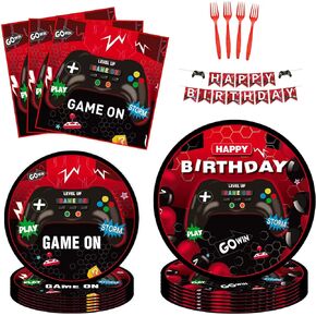 Gamer Theme Party Kit for 24 Guests - 97 Pcs Including Plates, Forks, Napkins, Bunting - Level Up Your Birthday Bash with Epic Gaming Decor