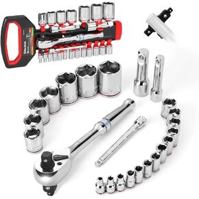 DURATECH 24-Piece 1/4", 3/8", 1/2" Drive Socket Set with 3 In 1 Ratchet Handle, 3 Extensions & 20 Sockets for Auto Repairing and Household, with Storage Rack, METRIC