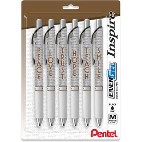 Pentel® EnerGel™ Inspire Pens, Medium Point, 0.7 mm, White Barrel, Black Ink, Pack Of 6 Pens