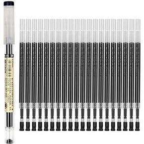Gel Ink Pen Refills Rods 0.35mm Ultra Fine Black Quick-Drying Gelpen Ballpoint for Finance Marker Pens School Office Exam Supplies Student Writing Drawing Stationery(1 Pc Pen+20 Pc Refill) (Black)