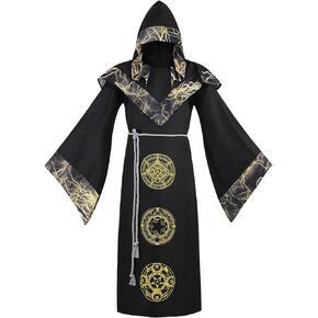 GRAJTCIN Mens Wizard Costume Halloween Lightning Sorcerer Robe Medival Wizard Hooded Gown