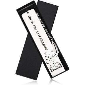 Stainless Steel Bookmark, On to The Next Chapter Bookmarks Metal Book Lover Gifts Funny Bookmarks for Women Men Teacher Classmates, Book Accessories with Feather Pendant & Box
