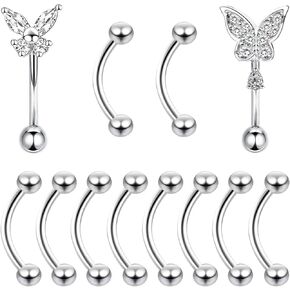 12PCS 16G Stainless Steel Eyebrow Stud Rings Curved Barbell Butterfly Daith Rook Earring Piercing Small Belly Rings Lip Piercing Bar Ring 10mm