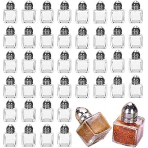 100 Pack Mini Salt and Pepper Shakers, 0.5 OZ Bulk Clear Glass Seasoning Jars Spice Shaker, Small Cube Glass Spice Shaker Container with Stainless Steel Lid for Kitchen Restaurant Supplies