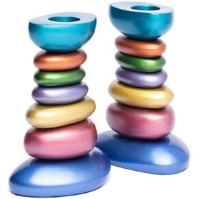 Yair Emanuel | Anodized Aluminum Shabbat Pair of Candlesticks | Colorful Stones Tower Design | CSG-2