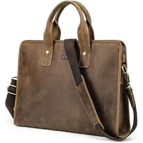 Contacts Genuine Leather Briefcase for Men 14" Laptop Bag Crazy Horse Leather Messenger Bag Satchel Handbag