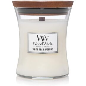 WoodWick Medium Hourglass Candle, White Tea Jasmine - Premium Soy Blend Wax, Pluswick Innovation Wood Wick, Made in USA