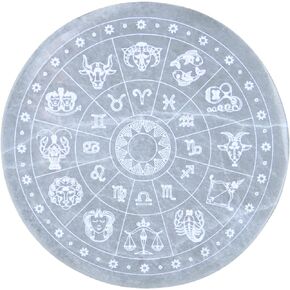Selenite Disk with Zodiac Engraving – Crystal Jewelry Charging Plate Tray Coaster Stone, scrying Plates Board for Stones, Crystals Hecate Altar grids and Healing Wicca Slab Wiccan Plate
