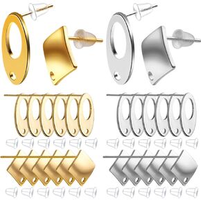 Earring Studs Findings, 24pcs Stainless Steel Studs Oval Square Earring Posts Earring Studs with Loop Flat Blank Earring Posts and Silicone Bullet Earring Backs for Earring Making