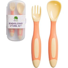 Silicone Baby Spoons Set for Self-Feeding - Bendable Learning Utensils for Toddlers - Perfect for Introducing Solids - With Travel Case - Blue