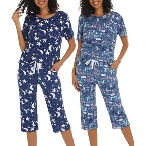ENJOYNIGHT 2 Pack: Womens Pajamas Short Sleeve Tops and Capri Pants Pjs Print Pajama Sets with Pockets
