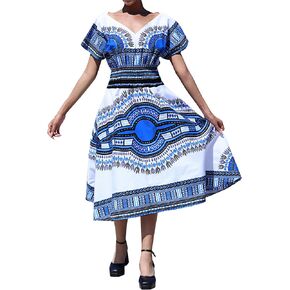 DA'IKI Afrikan Mother Earth Cotton Dress with Strong V Collar Dashiki Smock Waist