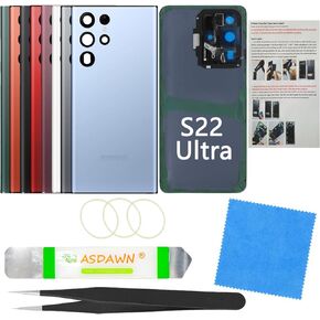 Galaxy S22 Ultra Back Glass Cover Housing Door Replacement w/All the Adhesive+Pre-Installed Camera Lens+Installation Manual+Tools for Samsung Galaxy S22 Ultra 5G SM-S908 All Carriers (Burgundy)