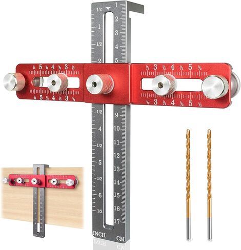 Cabinet Hardware Jig, Adjustable Cabinet Handle Template Tool with Alignment Hole, Punch Locator Drill Guide for Knobs,Handles and Pulls (Red-Grey) in Saudi Arabia