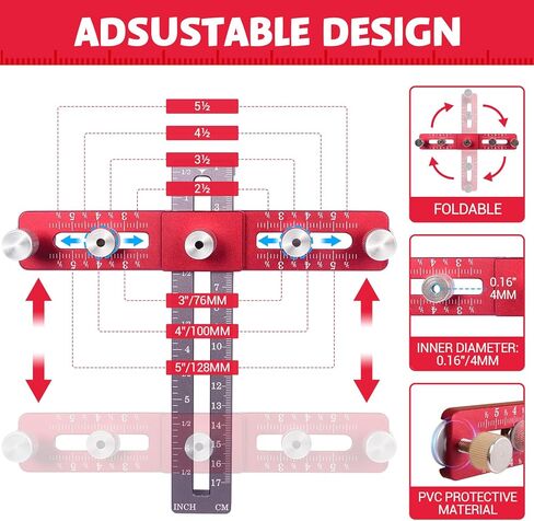 Cabinet Hardware Jig, Adjustable Cabinet Handle Template Tool with Alignment Hole, Punch Locator Drill Guide for Knobs,Handles and Pulls (Red-Grey) in Saudi Arabia