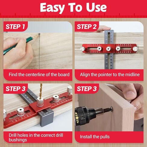 Cabinet Hardware Jig, Adjustable Cabinet Handle Template Tool with Alignment Hole, Punch Locator Drill Guide for Knobs,Handles and Pulls (Red-Grey) in Saudi Arabia
