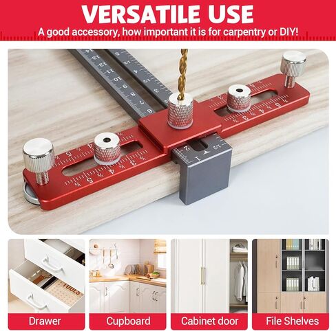 Cabinet Hardware Jig, Adjustable Cabinet Handle Template Tool with Alignment Hole, Punch Locator Drill Guide for Knobs,Handles and Pulls (Red-Grey) in Saudi Arabia
