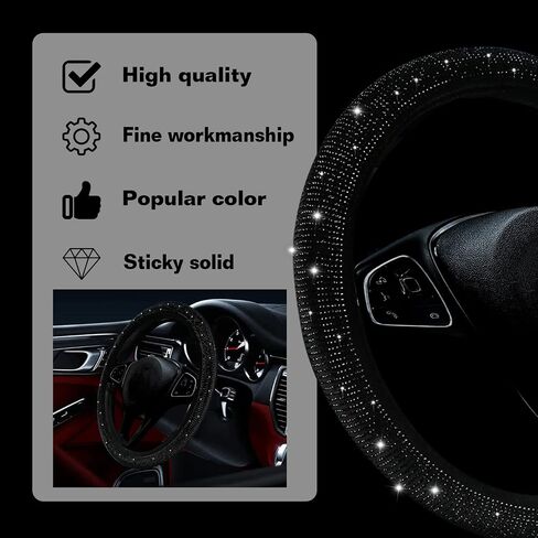 Bling Steering Wheel Cover, 15 Inch Universal White Crystal Rhinestone Diamond Bling Accessories Anti-Slip Wheel Protectorfor Vehicle, Car, Auto, SUV and More (Black Diamond) in Saudi Arabia