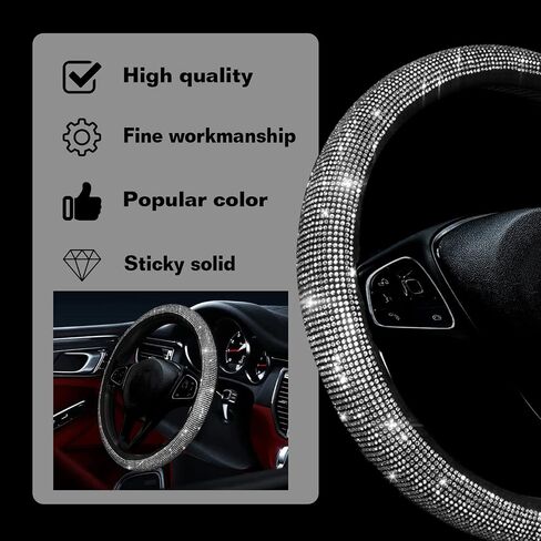 Bling Steering Wheel Cover, 15 Inch Universal White Crystal Rhinestone Diamond Bling Accessories Anti-Slip Wheel Protectorfor Vehicle, Car, Auto, SUV and More (Black Diamond) in Saudi Arabia