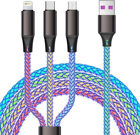 كابل شحن متعدد LED، 3 في 1 4 أقدام RGB يضيء USB تدريجيًا إلى Lightning/Micro USB/Type-C كابل شحن متعدد 6A سلك شحن سريع لهاتف iPhone وSamsung Galaxy وLG والأجهزة اللوحية ومعظم الهواتف المحمولة in Kuwait