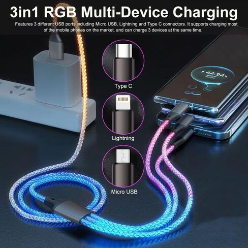 كابل شحن متعدد LED، 3 في 1 4 أقدام RGB يضيء USB تدريجيًا إلى Lightning/Micro USB/Type-C كابل شحن متعدد 6A سلك شحن سريع لهاتف iPhone وSamsung Galaxy وLG والأجهزة اللوحية ومعظم الهواتف المحمولة in Kuwait