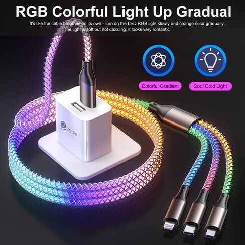 كابل شحن متعدد LED، 3 في 1 4 أقدام RGB يضيء USB تدريجيًا إلى Lightning/Micro USB/Type-C كابل شحن متعدد 6A سلك شحن سريع لهاتف iPhone وSamsung Galaxy وLG والأجهزة اللوحية ومعظم الهواتف المحمولة in Kuwait