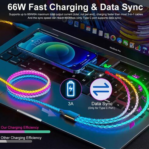 كابل شحن متعدد LED، 3 في 1 4 أقدام RGB يضيء USB تدريجيًا إلى Lightning/Micro USB/Type-C كابل شحن متعدد 6A سلك شحن سريع لهاتف iPhone وSamsung Galaxy وLG والأجهزة اللوحية ومعظم الهواتف المحمولة in Kuwait