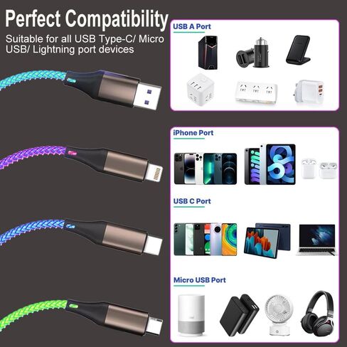 كابل شحن متعدد LED، 3 في 1 4 أقدام RGB يضيء USB تدريجيًا إلى Lightning/Micro USB/Type-C كابل شحن متعدد 6A سلك شحن سريع لهاتف iPhone وSamsung Galaxy وLG والأجهزة اللوحية ومعظم الهواتف المحمولة in Kuwait