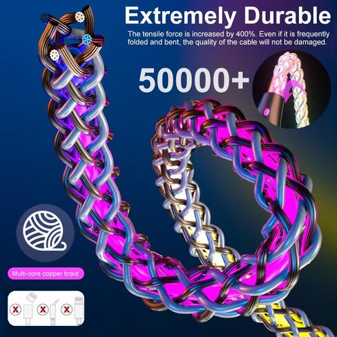 كابل شحن متعدد LED، 3 في 1 4 أقدام RGB يضيء USB تدريجيًا إلى Lightning/Micro USB/Type-C كابل شحن متعدد 6A سلك شحن سريع لهاتف iPhone وSamsung Galaxy وLG والأجهزة اللوحية ومعظم الهواتف المحمولة in Kuwait