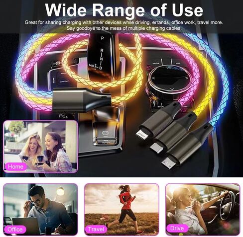 كابل شحن متعدد LED، 3 في 1 4 أقدام RGB يضيء USB تدريجيًا إلى Lightning/Micro USB/Type-C كابل شحن متعدد 6A سلك شحن سريع لهاتف iPhone وSamsung Galaxy وLG والأجهزة اللوحية ومعظم الهواتف المحمولة in Kuwait