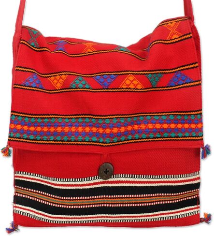 NOVICA Artisan Handmade Cotton Shoulder Bag Unique Woven Handbags Multicolor Fiesta Embroidered striped India Embellished in Saudi Arabia