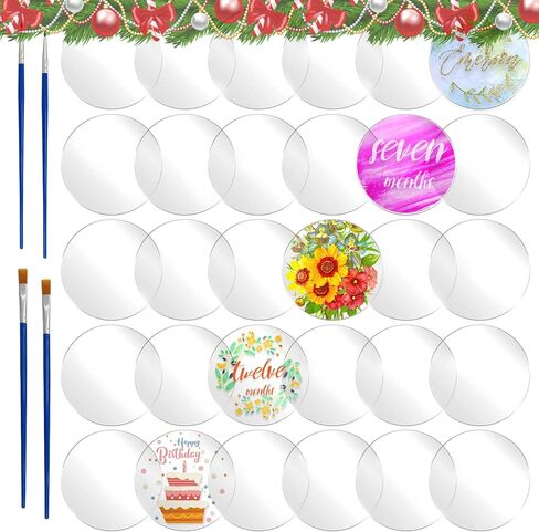 30 قطعة من دوائر الأكريليك الشفافة مقاس 4 بوصات من Daily Treasures مع 4 فرش طلاء، قرص بلاستيكي دائري - ورقة دائرة من الأكريليك الشفاف لإطار الصورة الفنية اللوحة DIY in Kuwait