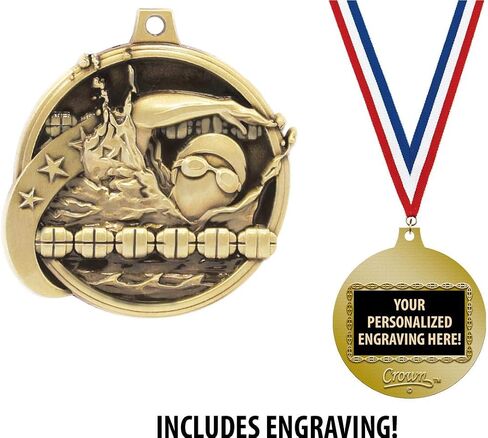 Custom Swim Medals, 2" Gold Swim Medal with Free Neck Ribbon and 4 Lines of Engraving Included in Saudi Arabia