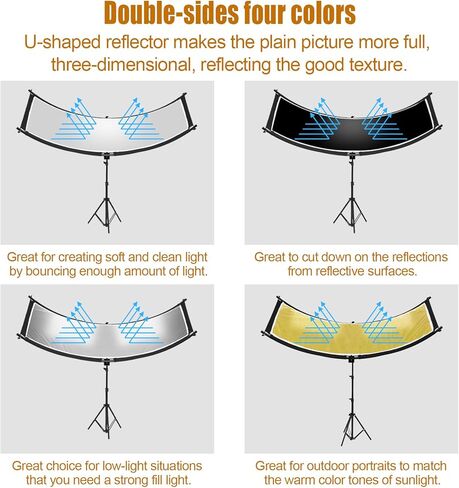 ناشر عاكس للضوء على شكل صدفة مع حامل وحقيبة حمل، عاكس إضاءة منحني للتصوير الفوتوغرافي مقاس 70 بوصة × 24 بوصة للتصوير الفوتوغرافي في استوديو الصور بألوان أبيض/ذهبي/فضي/أسود من MCCKLE in Kuwait