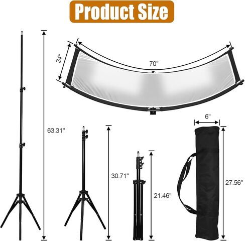 ناشر عاكس للضوء على شكل صدفة مع حامل وحقيبة حمل، عاكس إضاءة منحني للتصوير الفوتوغرافي مقاس 70 بوصة × 24 بوصة للتصوير الفوتوغرافي في استوديو الصور بألوان أبيض/ذهبي/فضي/أسود من MCCKLE in Kuwait