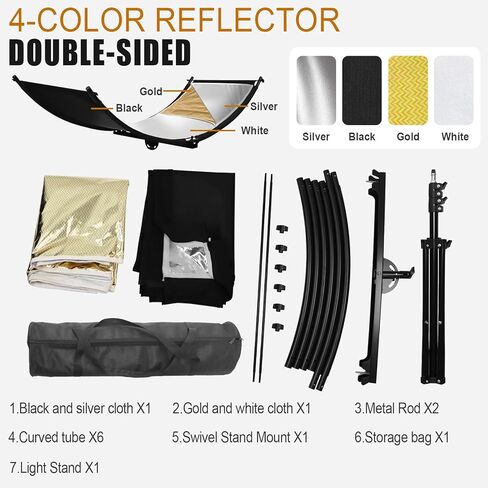 ناشر عاكس للضوء على شكل صدفة مع حامل وحقيبة حمل، عاكس إضاءة منحني للتصوير الفوتوغرافي مقاس 70 بوصة × 24 بوصة للتصوير الفوتوغرافي في استوديو الصور بألوان أبيض/ذهبي/فضي/أسود من MCCKLE in Kuwait