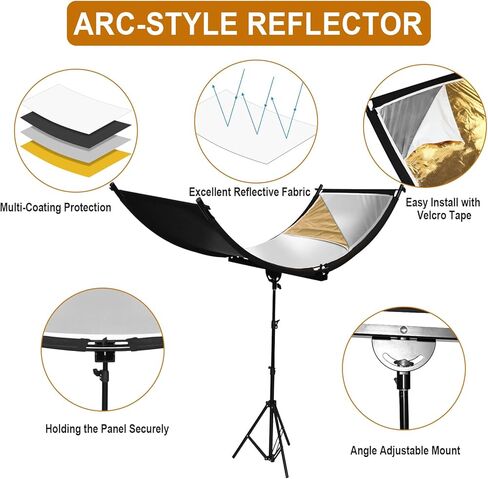 ناشر عاكس للضوء على شكل صدفة مع حامل وحقيبة حمل، عاكس إضاءة منحني للتصوير الفوتوغرافي مقاس 70 بوصة × 24 بوصة للتصوير الفوتوغرافي في استوديو الصور بألوان أبيض/ذهبي/فضي/أسود من MCCKLE in Kuwait