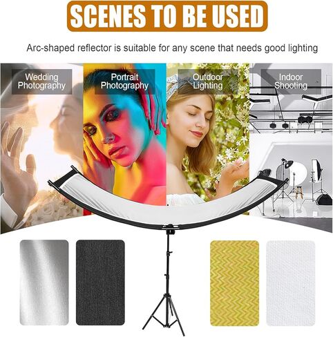 ناشر عاكس للضوء على شكل صدفة مع حامل وحقيبة حمل، عاكس إضاءة منحني للتصوير الفوتوغرافي مقاس 70 بوصة × 24 بوصة للتصوير الفوتوغرافي في استوديو الصور بألوان أبيض/ذهبي/فضي/أسود من MCCKLE in Kuwait