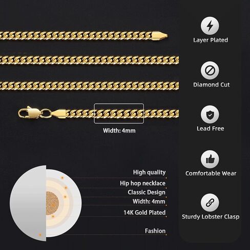 Jewlpire 16-26 Inch Silver Tone/14K Gold Plated Stainless Steel Necklace 4mm Cuban Link Chain for Men Boys Women, Sturdy & Cool Mens Chain Necklace Jewelry Gifts for Men in Saudi Arabia