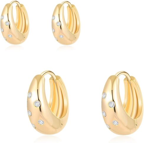 14K Gold Plated Lightweight Chunky Hoop Earrings Set for Women | 2pair Set Earrings Polished Small Huggie Earrings in Saudi Arabia