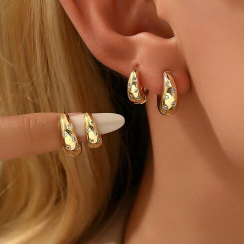 14K Gold Plated Lightweight Chunky Hoop Earrings Set for Women | 2pair Set Earrings Polished Small Huggie Earrings in Saudi Arabia