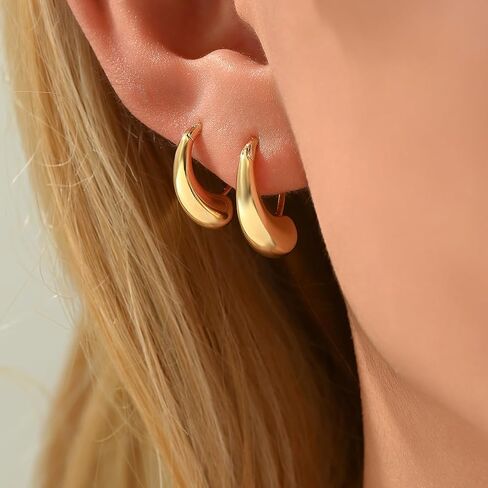 14K Gold Plated Lightweight Chunky Hoop Earrings Set for Women | 2pair Set Earrings Polished Small Huggie Earrings in Saudi Arabia