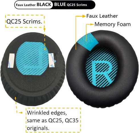 Replacement EarPads Cushions for Bose QuietComfort QC25, Compatible with QC2 QC15 QC35 QC45 QCSE SoundLink/SoundTrue Around-Ear II AE2, Faux Leather (QC25-Blue+Black-FauxLeather) in Saudi Arabia